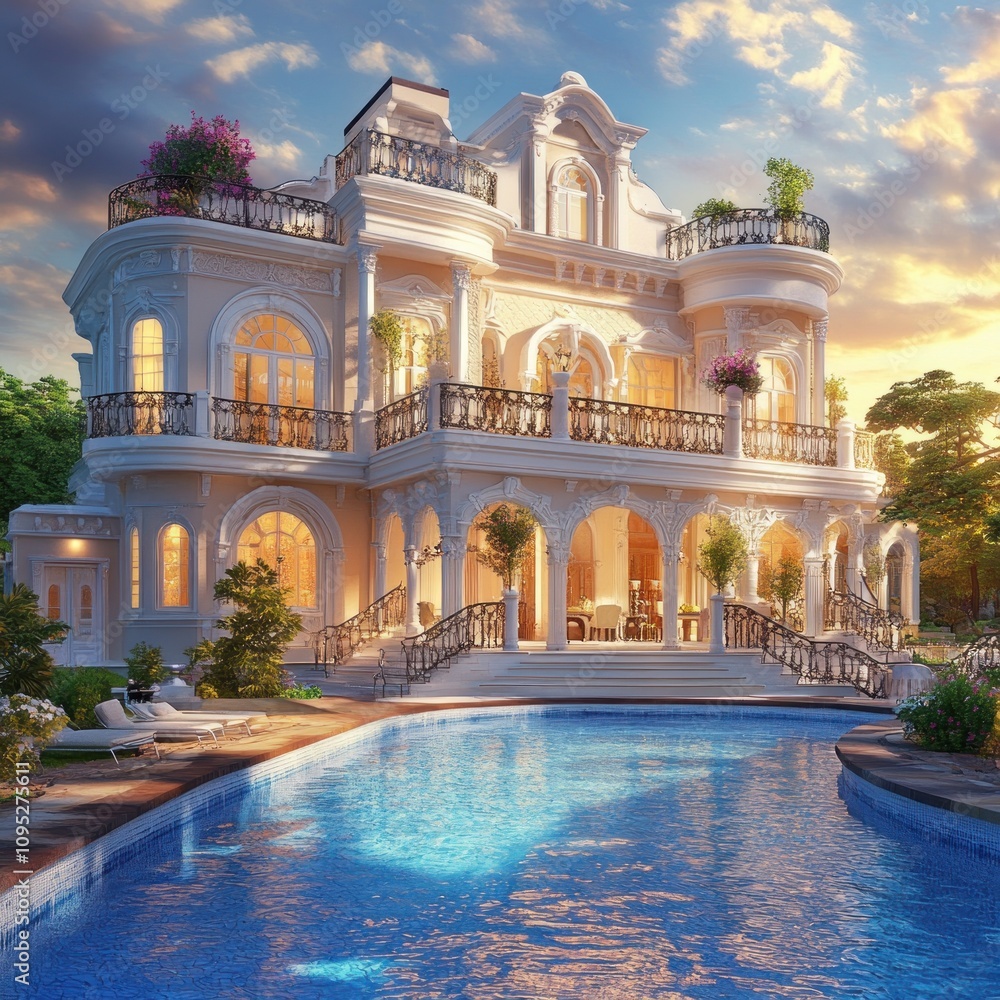 Fototapeta premium Luxury Mediterranean Villa with Swimming Pool at Sunset