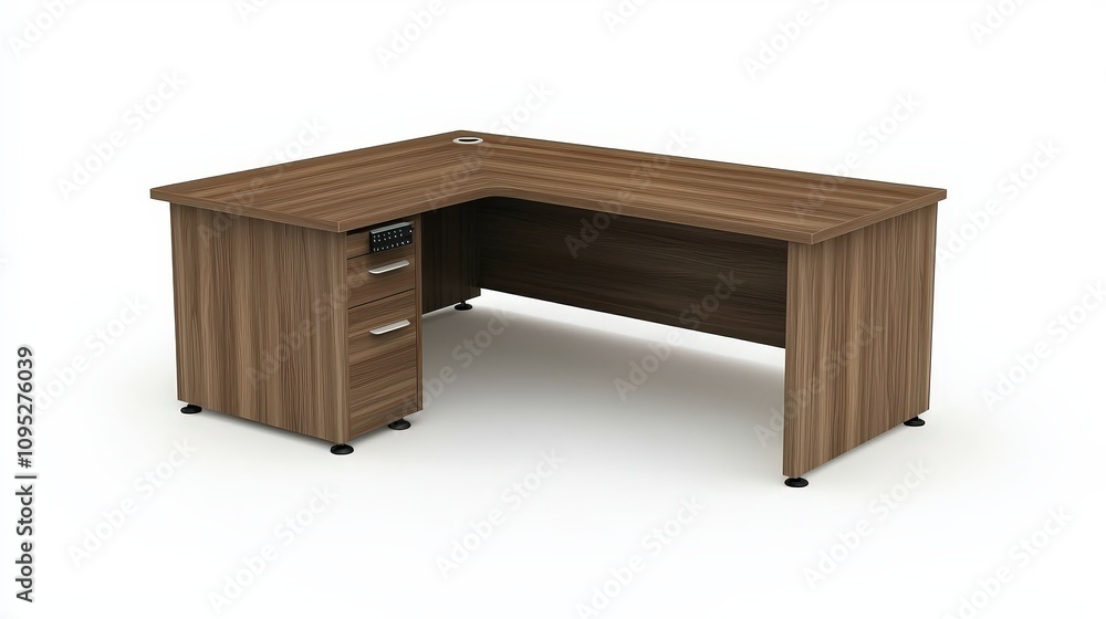 Modern l-shaped wooden office desk with drawers on white background Modern l-shaped wooden office desk with drawers on white background