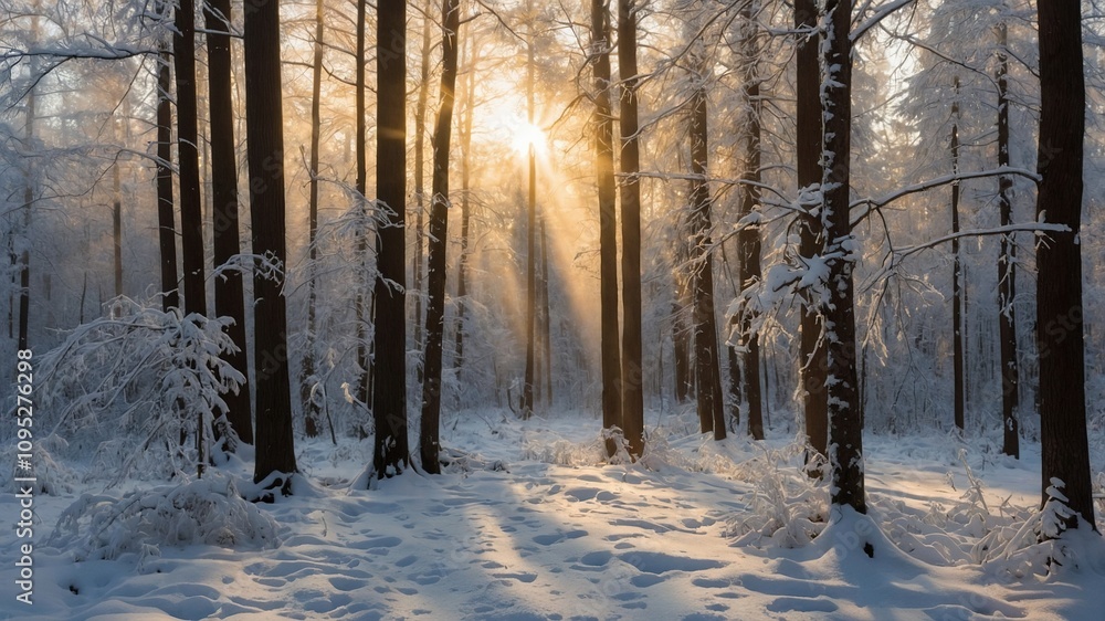 Bosque de invierno con nieve fresca y rayos de sol al amanecer Bosque de invierno con nieve fresca y rayos de sol al amanecer