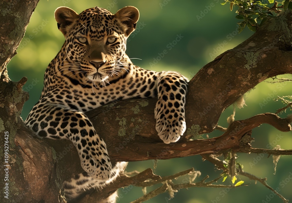 Majestic Leopard Relaxing Gracefully on a Tree Branch Amidst a Lush Green Background with Soft Natural Lighting Majestic Leopard Relaxing Gracefully on a Tree Branch Amidst a Lush Green Background with Soft Natural Lighting