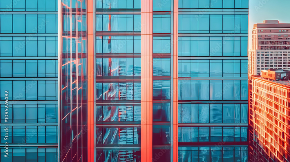 Symmetrical Glass Building Reflecting Cityscape at Sunset with Tall Structure and Vibrant Orange Accents Showcasing Urban Architecture and Modern Design Elements Symmetrical Glass Building Reflecting Cityscape at Sunset with Tall Structure and Vibrant Orange Accents Showcasing Urban Architecture and Modern Design Elements