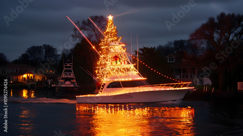 During the Patchogue Holiday Boat Parade, a boat decorated with Christmas lights and holiday characters, with various characters representing the day of Christmas

 photo