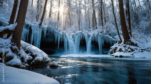 Escena serena de invierno con cascada helada