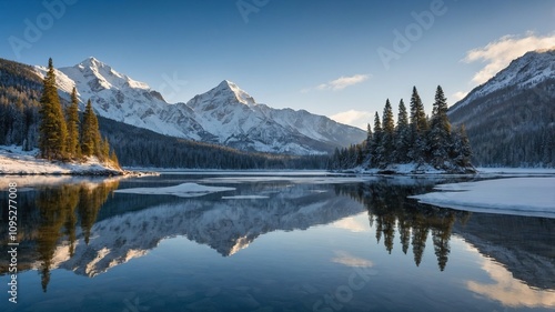 Vista panorámica de montañas nevadas y lago sereno al atardecer