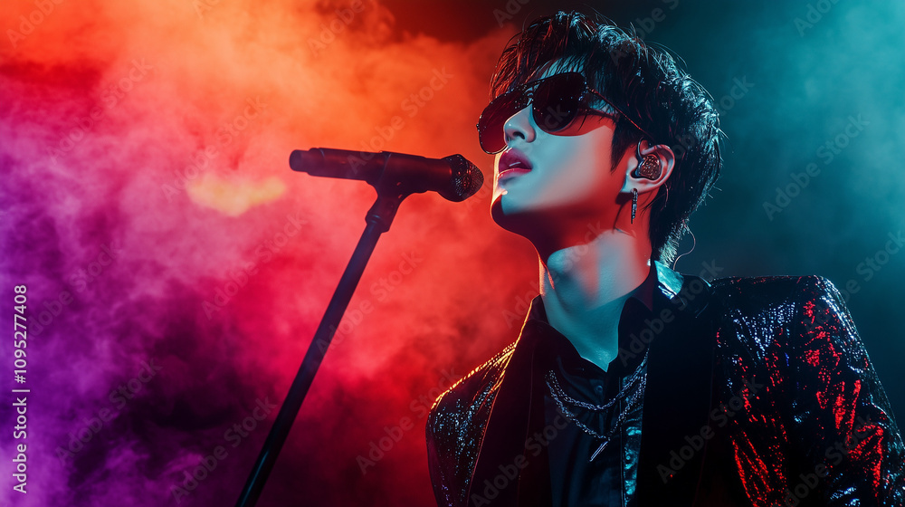 Close up portrait of a korean k-pop singer singing to a microphone and wearing sunglasses, stage smoke background with copy space Close up portrait of a korean k-pop singer singing to a microphone and wearing sunglasses, stage smoke background with copy space