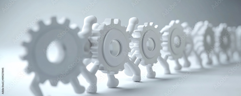 Gears walking in line representing teamwork and collaboration