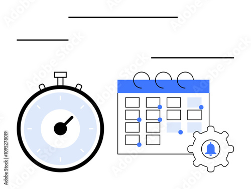 Stopwatch calendar with dates marked and settings gear with bell. Ideal for time management, productivity, scheduling, organization, planning, reminders, efficiency. Line metaphor