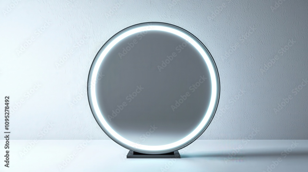 Modern circular led light fixture against minimalist white wall Modern circular led light fixture against minimalist white wall