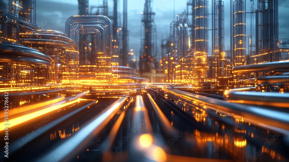 Fototapeta premium Illuminated Future: Abstract 3D Render of Innovative Refinery System with Glowing Energy Streams Symbolizing Fuel Processing Advancement