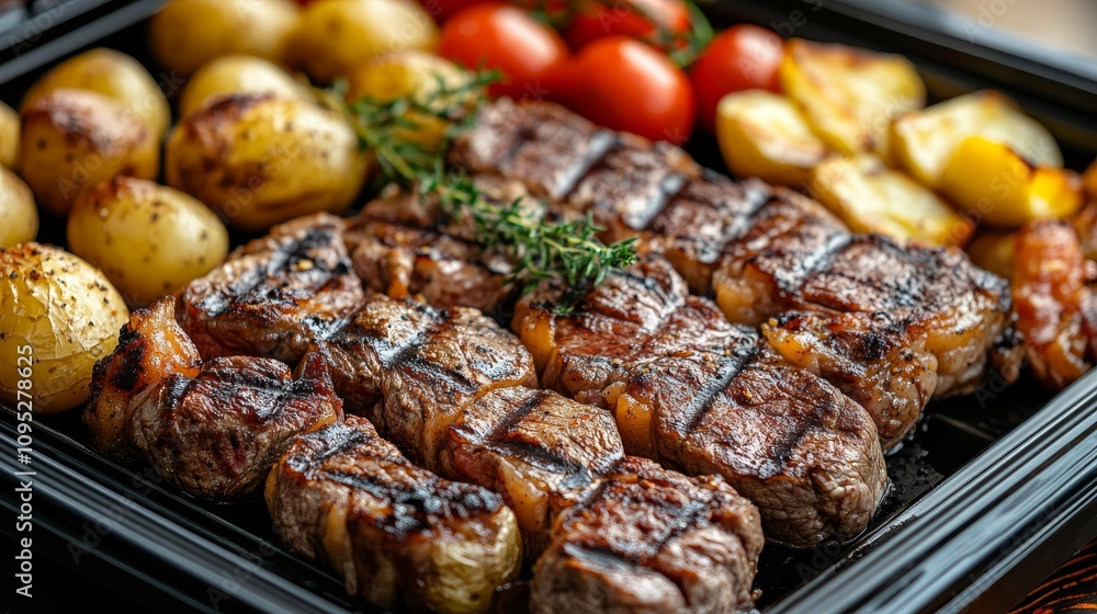 Gourmet Grilled Steak and Veggies on a Cafeteria Tray.Concept of Food photography,culinary art,restaurant dining,fast food,comfort food,Food photography,food blogging,restaurant marketing,fast-food ch Gourmet Grilled Steak and Veggies on a Cafeteria Tray.Concept of Food photography,culinary art,restaurant dining,fast food,comfort food,Food photography,food blogging,restaurant marketing,fast-food ch