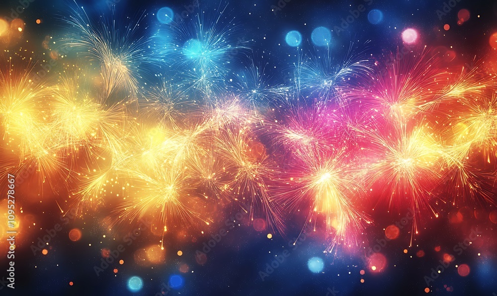 Fototapeta premium Vibrant Fireworks Display Against Dark Blue Sky 