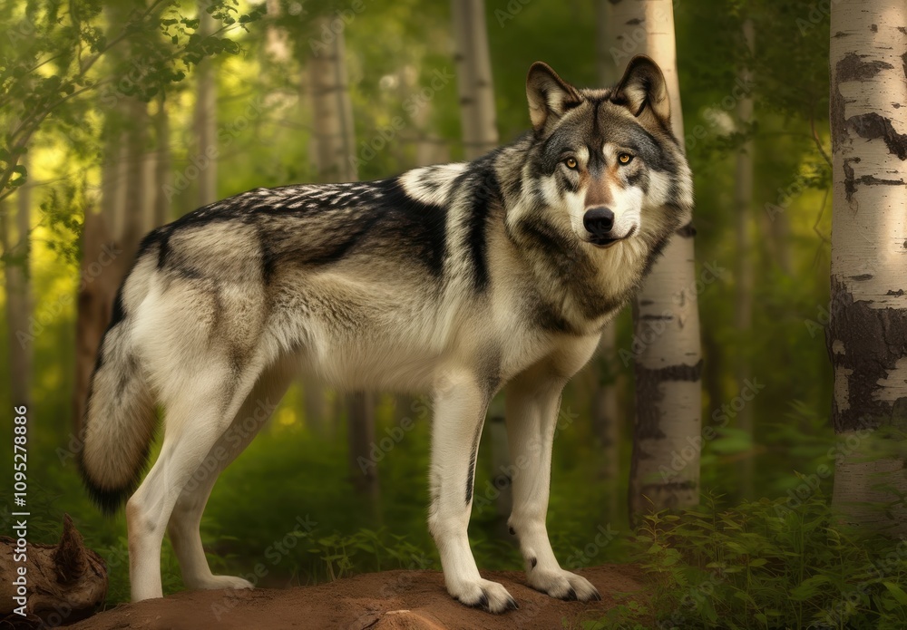 Obraz premium Majestic Wolf Stands Proudly in a Vibrant Forest Surrounded by Lush Greenery and Tall Birch Trees in Soft Natural Light, Portraying Wilderness and Natural Beauty
