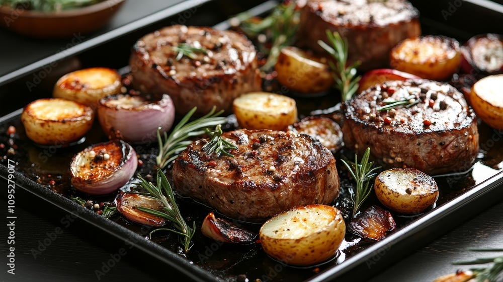 Gourmet Grilled Steak and Veggies on a Cafeteria Tray.Concept of Food photography,culinary art,restaurant dining,fast food,comfort food,Food photography,food blogging,restaurant marketing,fast-food ch Gourmet Grilled Steak and Veggies on a Cafeteria Tray.Concept of Food photography,culinary art,restaurant dining,fast food,comfort food,Food photography,food blogging,restaurant marketing,fast-food ch