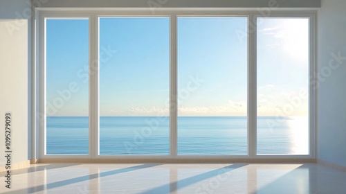 Empty room with large windows overlooking inspiring ocean view photo