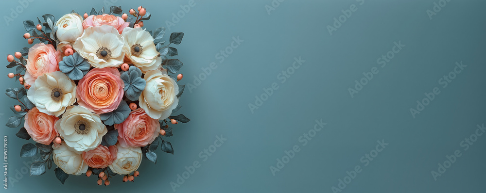 Obraz premium Banner with Biedermeier bouquet with pale peach roses and white poppies on grey background.