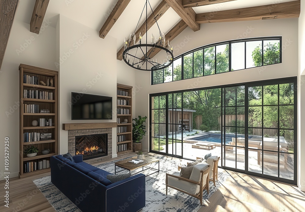 Modern and Cozy Living Room with High Ceilings, Large Windows, Stylish Furnishings, and Access to Outdoor Pool Area Surrounded by Lush Greenery Modern and Cozy Living Room with High Ceilings, Large Windows, Stylish Furnishings, and Access to Outdoor Pool Area Surrounded by Lush Greenery