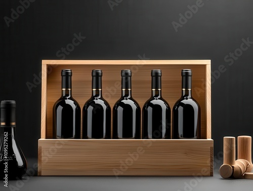 Glasstopped wooden box displaying limited edition wine bottles, luxurious and minimalist product showcase photo