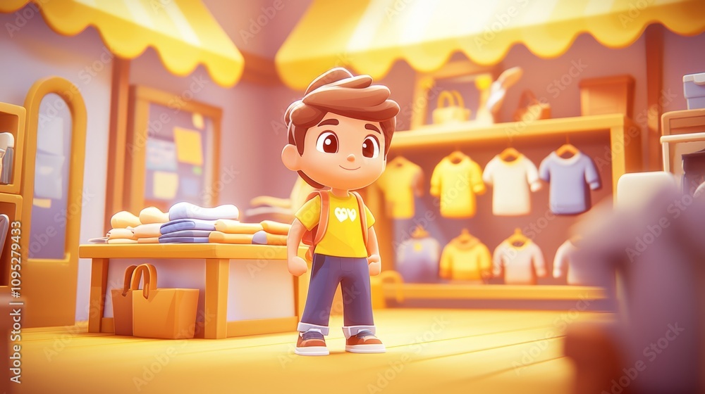 Shopping at a Second-Hand Store Pastel colored 3D cartoon style illustration.