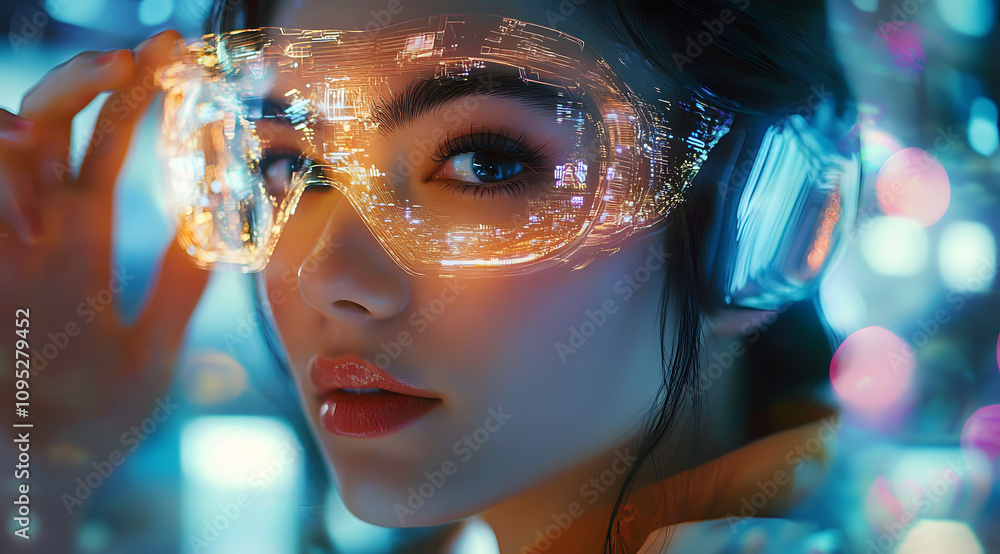 Woman in a digital festival with holograms and augmented reality experiences, highlighting innovation and creativity. Woman in a digital festival with holograms and augmented reality experiences, highlighting innovation and creativity.