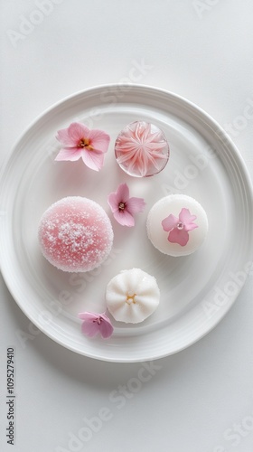 きれいな背景にピンクと白の花のデザートを載せたエレガントな空中写真