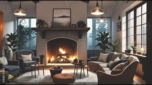 Cozy home interior with fireplace. High quality 4k footage