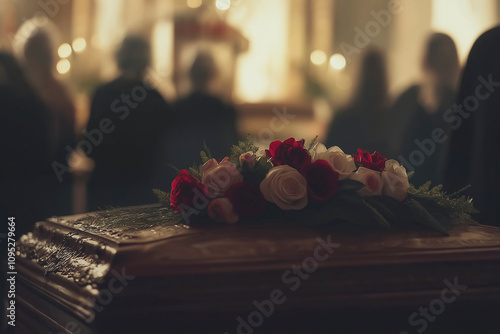funeral scene, luxurious wooden coffin decorated with flowers and mourning  people in a distance 
