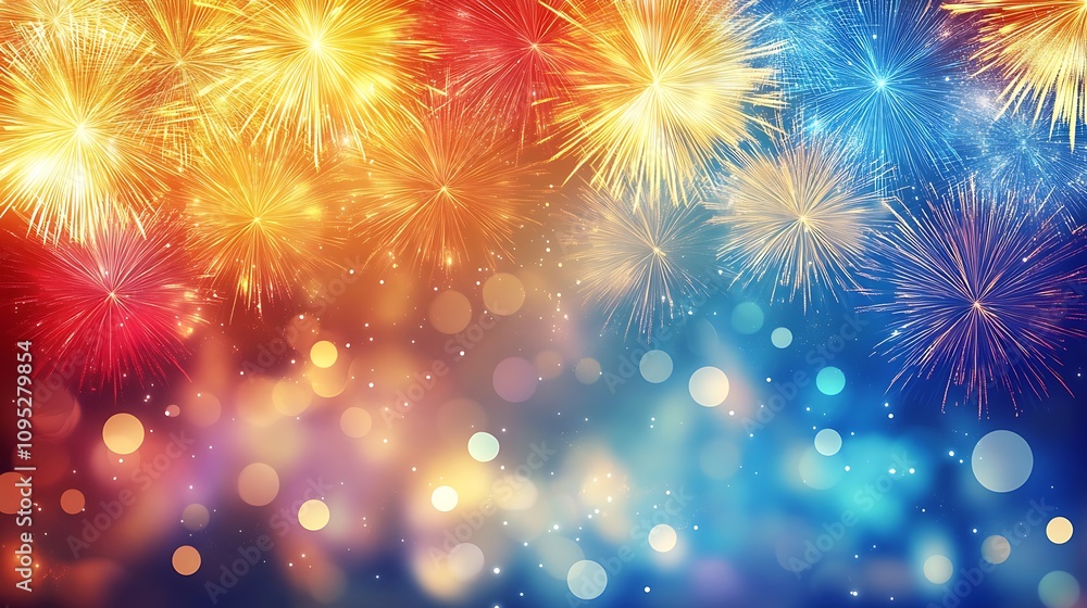 Obraz premium Vibrant Fireworks Display Against Dark Blue Sky 