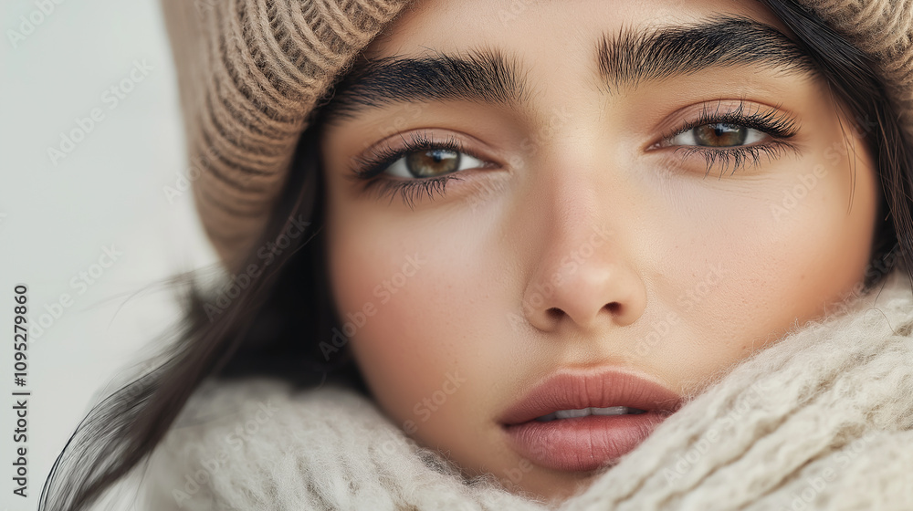 Close-up of model’s face with hat and scarf - Cozy and minimal Close-up of model’s face with hat and scarf - Cozy and minimal