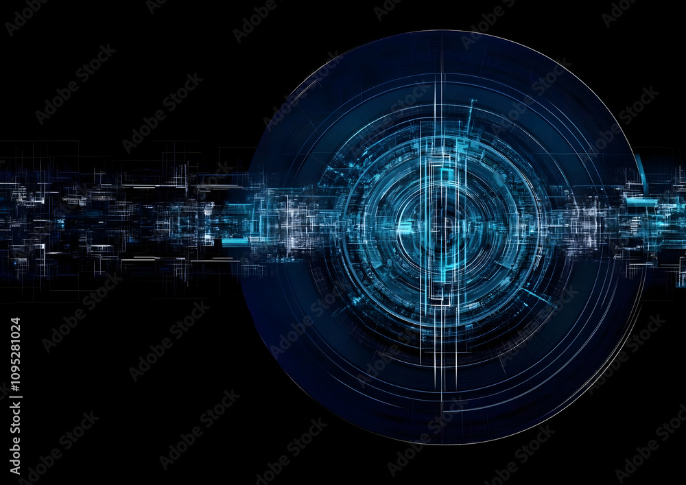 Obraz premium Futuristic Digital Background Featuring Circular Blue Patterns with Abstract Lines and Geometric Elements for Technology and Design Projects