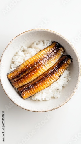 白い背景に陶器のボウルに盛られた蒸しご飯の上に美味しい焼きうなぎ photo