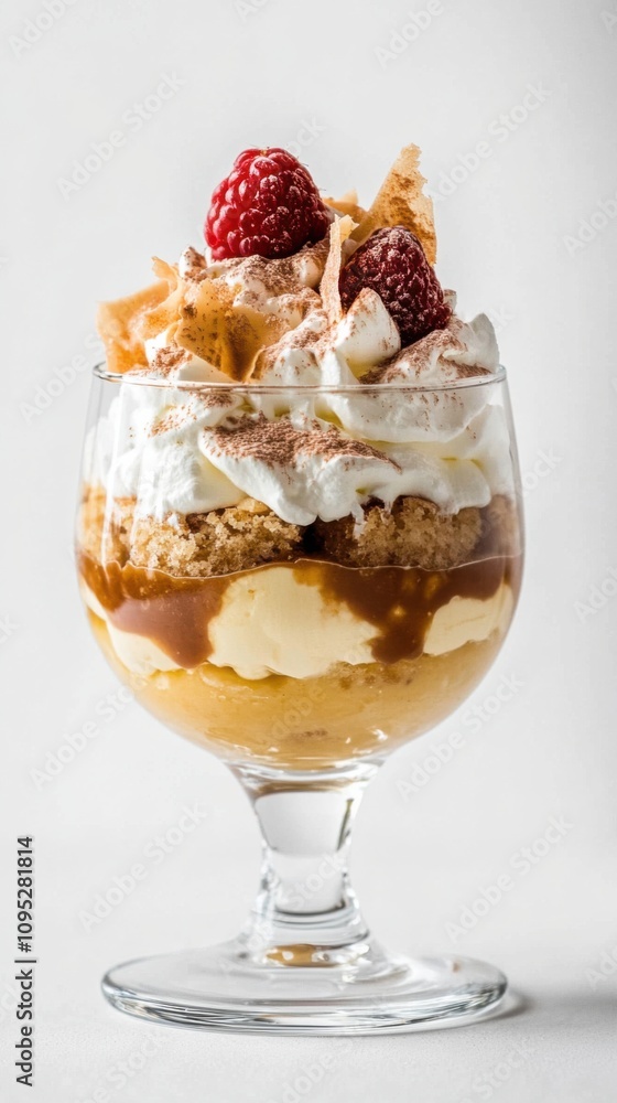 白い背景にホイップクリームとラズベリーが入ったグラスに入ったおいしいデザート 白い背景にホイップクリームとラズベリーが入ったグラスに入ったおいしいデザート