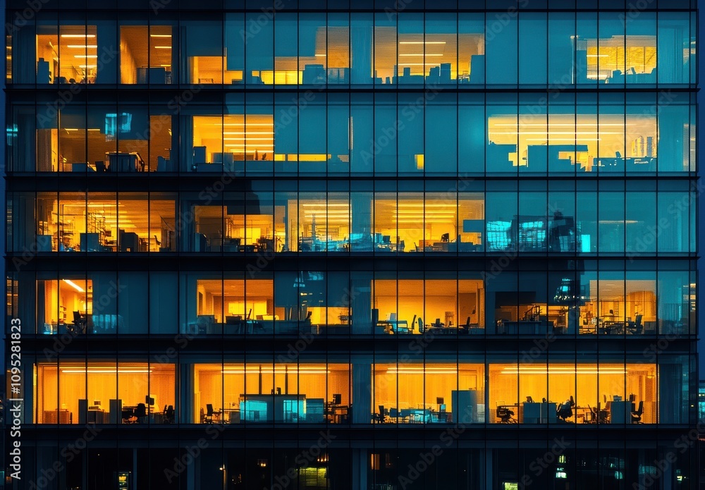 Modern Office Building Exterior at Night with Illuminated Windows Showcasing Busy Workspaces and Vibrant Urban Ambiance in a Cityscape Modern Office Building Exterior at Night with Illuminated Windows Showcasing Busy Workspaces and Vibrant Urban Ambiance in a Cityscape