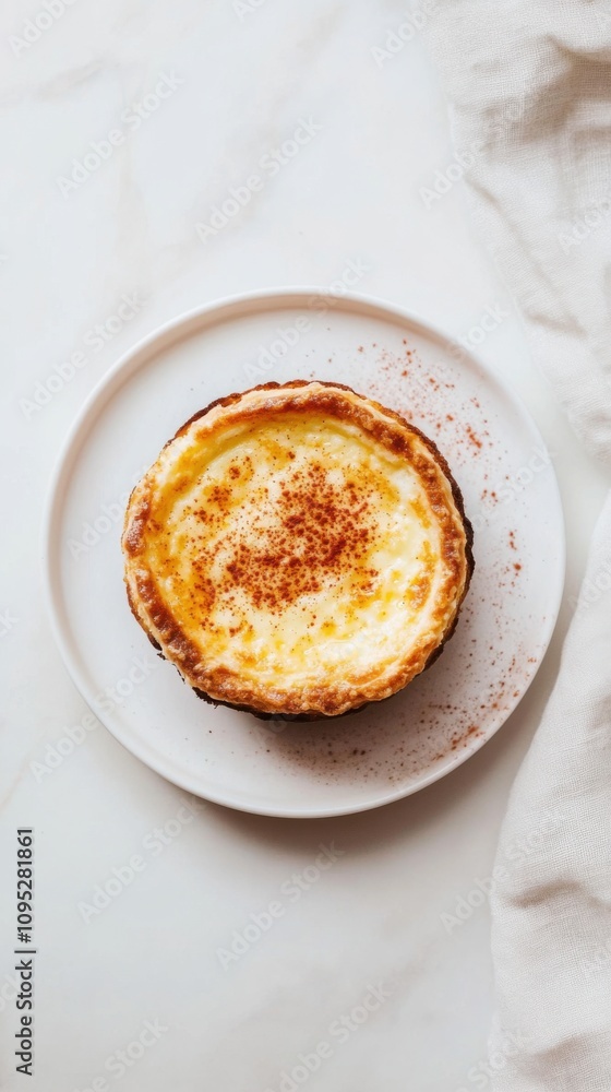 料理デザインのための、すっきりとしたミニマリストな背景の白い皿にのったおいしいカスタードタルト 料理デザインのための、すっきりとしたミニマリストな背景の白い皿にのったおいしいカスタードタルト