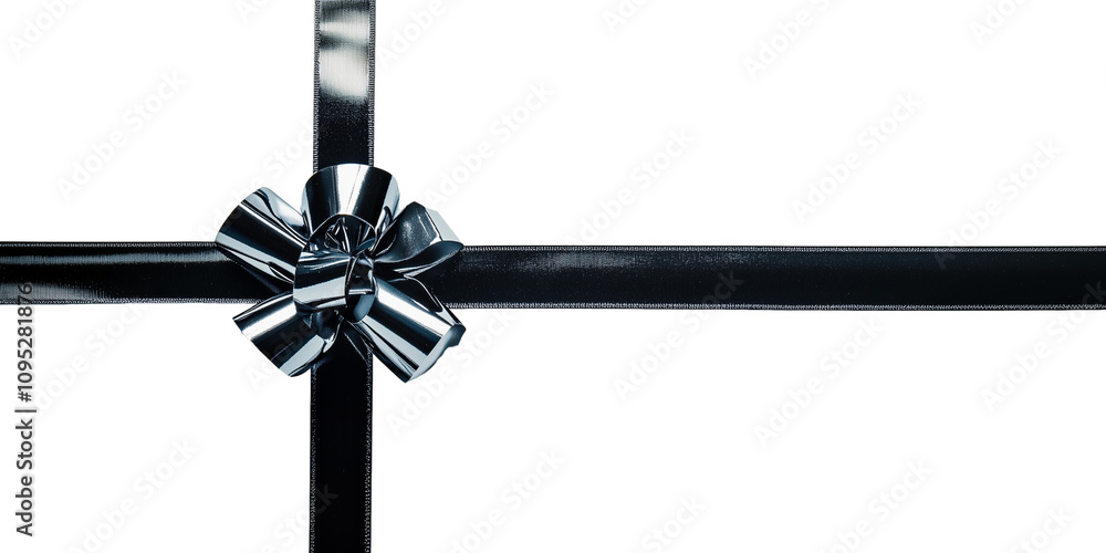 metallic silver ribbon bow with long straight silk strips isolated on transparent background, gift wrap decoration design metallic silver ribbon bow with long straight silk strips isolated on transparent background, gift wrap decoration design
