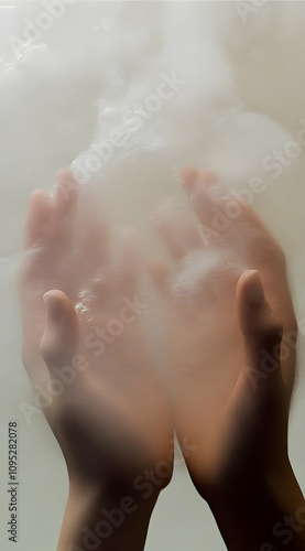 Gentle Hands Reaching Through a Misty Veil, Presenting a Contrast of Pale Skin and Dark Liquid, Evoking a Sense of Mystery and Intrigue in Artistic Imagery