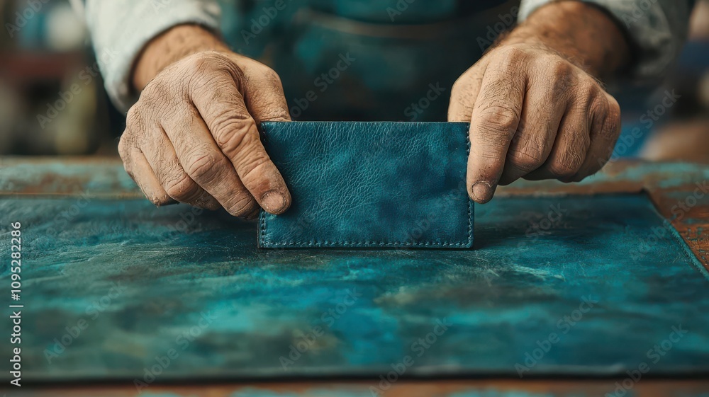 handmade and leather concept. handmade leather concept. handmade concept. A leather artisan layering metallic foils onto a handmade cardholder for a distinctive shimmering effect handmade and leather concept. handmade leather concept. handmade concept. A leather artisan layering metallic foils onto a handmade cardholder for a distinctive shimmering effect