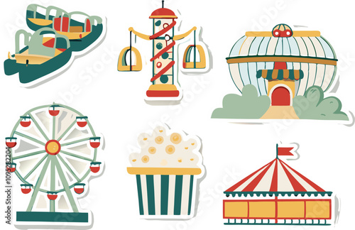 Amusement park themed stickers, separate objects vector