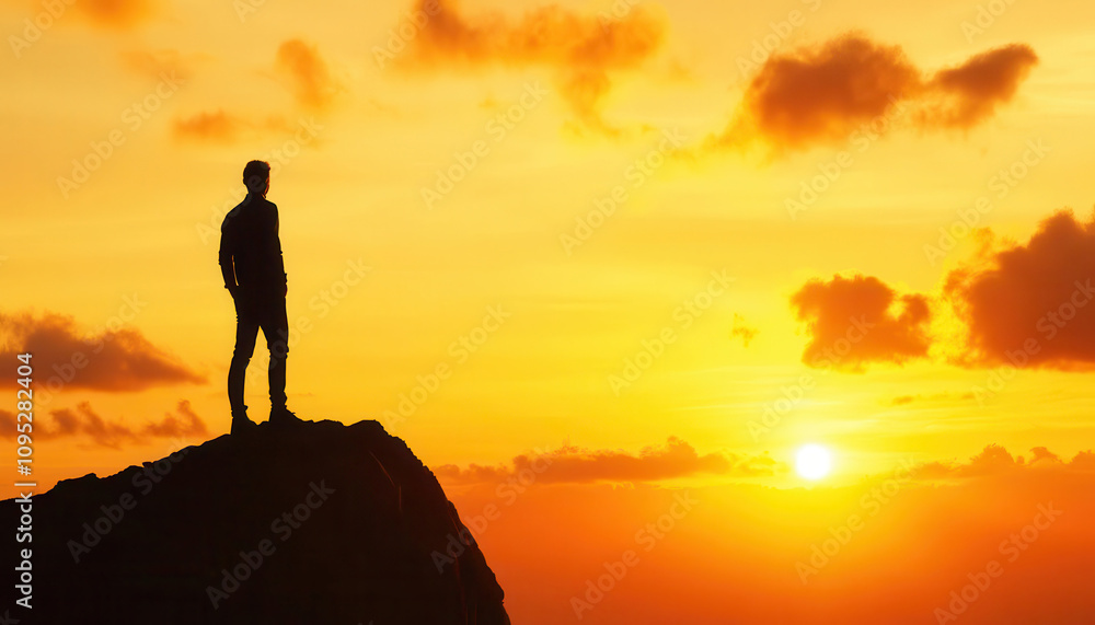 A silhouette of a man standing on a mountain peak at sunset enjoying the breathtaking panoramic view A silhouette of a man standing on a mountain peak at sunset enjoying the breathtaking panoramic view