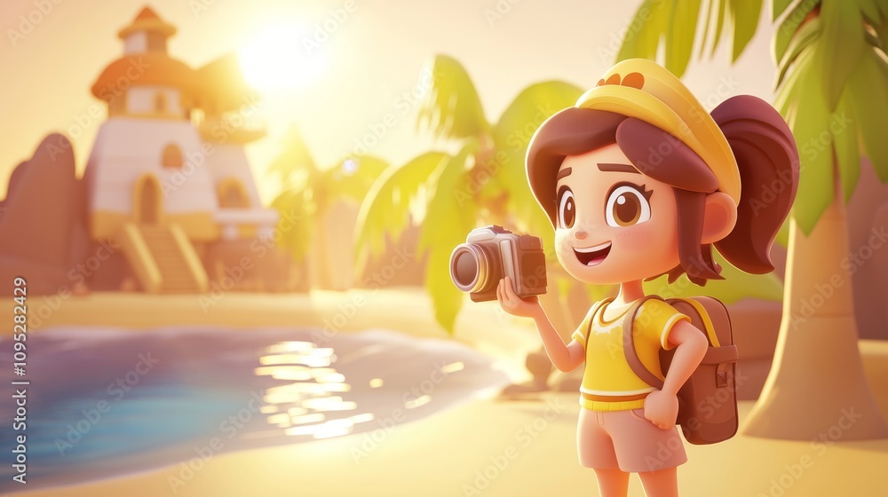 Influencer Travel Vlogs Pastel colored 3D cartoon style illustration.