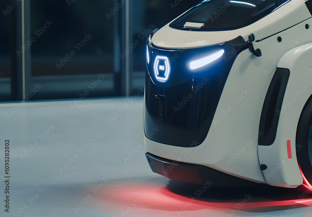 Fototapeta premium Modern Autonomous Vehicle with Illuminated Headlight and Red Taillight Positioned on the Left Side Against a Clean Indoor Background