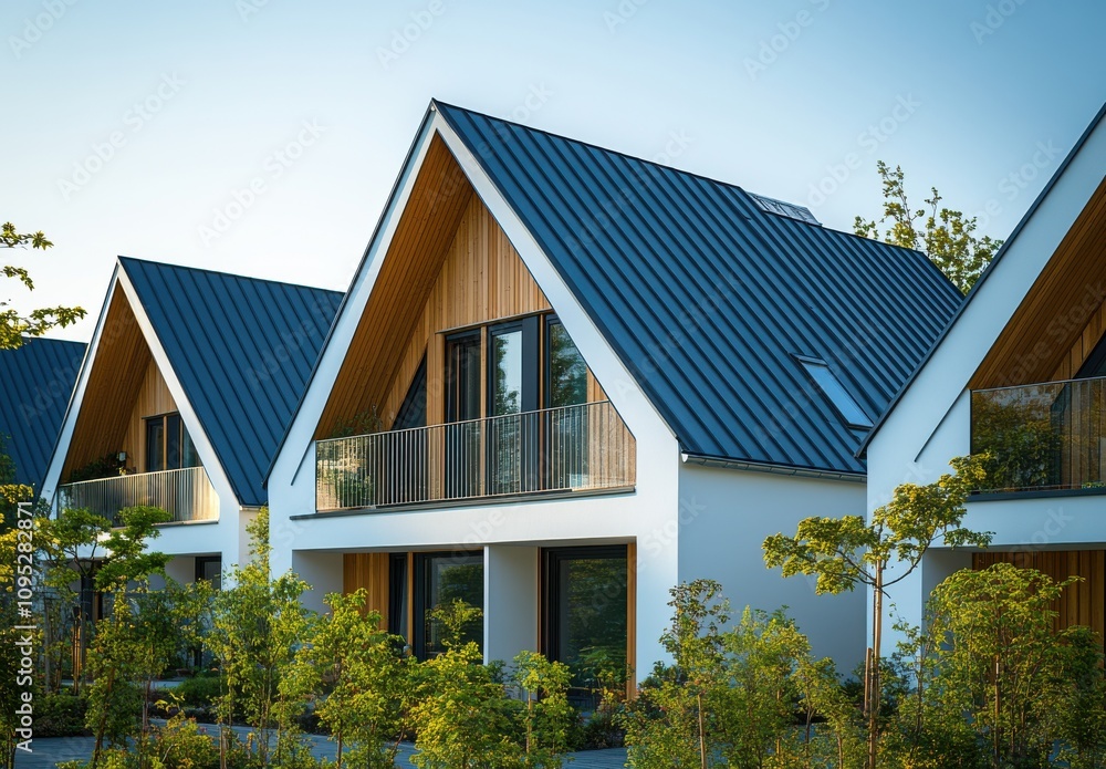 Modern Sustainable Architecture Featuring Stylish A-Frame Homes with Sloped Roofs Surrounded by Lush Greenery and Bright Blue Skies in a Tranquil Residential Setting Modern Sustainable Architecture Featuring Stylish A-Frame Homes with Sloped Roofs Surrounded by Lush Greenery and Bright Blue Skies in a Tranquil Residential Setting