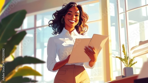 Smiling Woman Holding Documents in Office