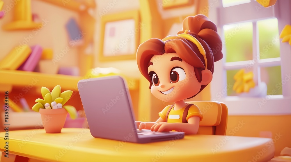 Laptop Work Pastel colored 3D cartoon style illustration.