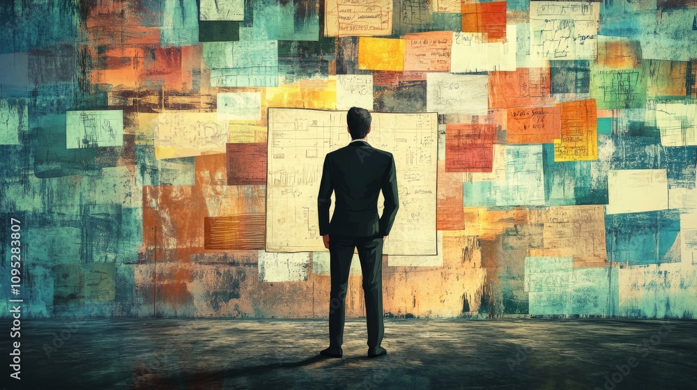 Man Contemplating a Wall of Notes - Decision Making and Inspiration Man Contemplating a Wall of Notes - Decision Making and Inspiration
