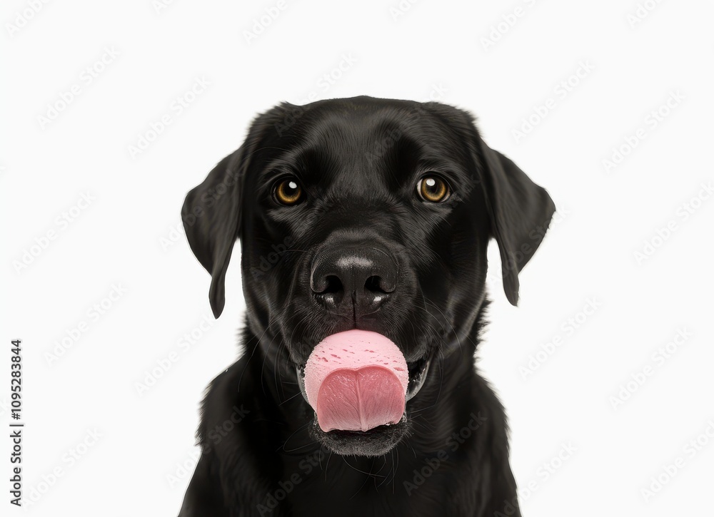 Fototapeta premium Playful Black Labrador Dog Enjoying Ice Cream Treat With Happy Expression, Isolated on White Background with Tongue Out, Perfect for Pet Lovers and Food-related Themes