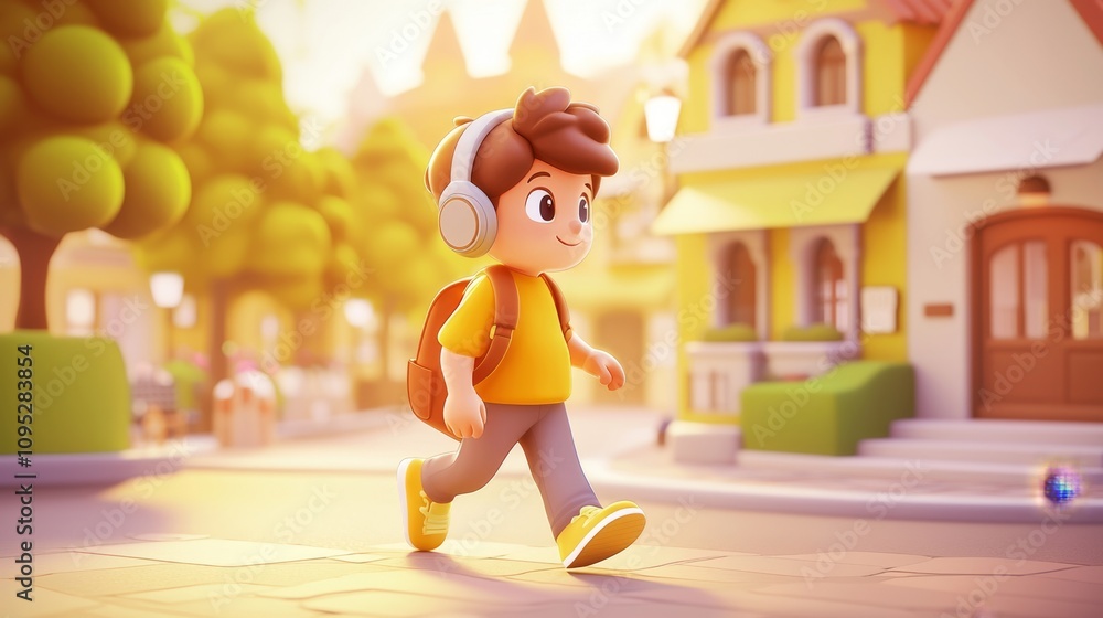 Wireless Headphones Music Pastel colored 3D cartoon style illustration.