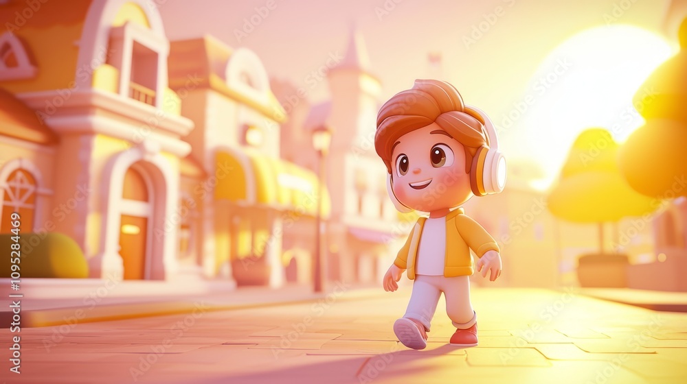 Wireless Headphones Music Pastel colored 3D cartoon style illustration.