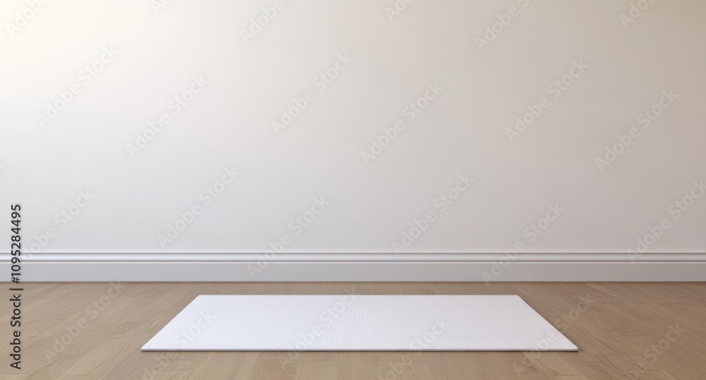 White yoga mat on light wood floor, with an empty white wall behind White yoga mat on light wood floor, with an empty white wall behind