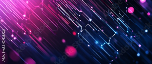  Abstract technology background featuring interconnected hexagons and dots in a geometric pattern with lines, designed for business concepts. The illustration uses blue, purple, and pink hues to conve photo