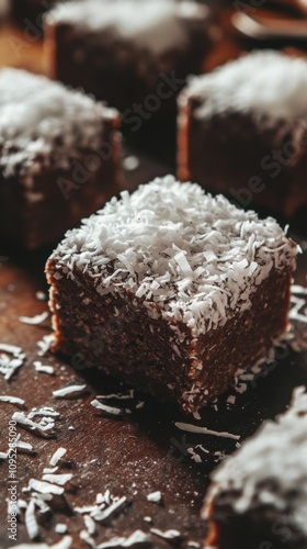 柔らかな土の色合いとココナッツケーキが飾られた素朴なキッチンのクローズアップ